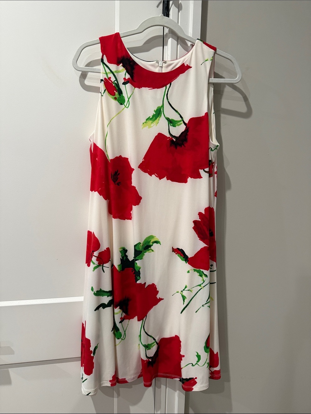 Anne Klein White Mini Dress with Red Floral Print and Green Accents